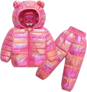 2-Piece Kids Boys Girls Snowsuit Metallic Hooded Puffer Jacket Lightweight Packable Quilted Down Coat and Pants Outfit