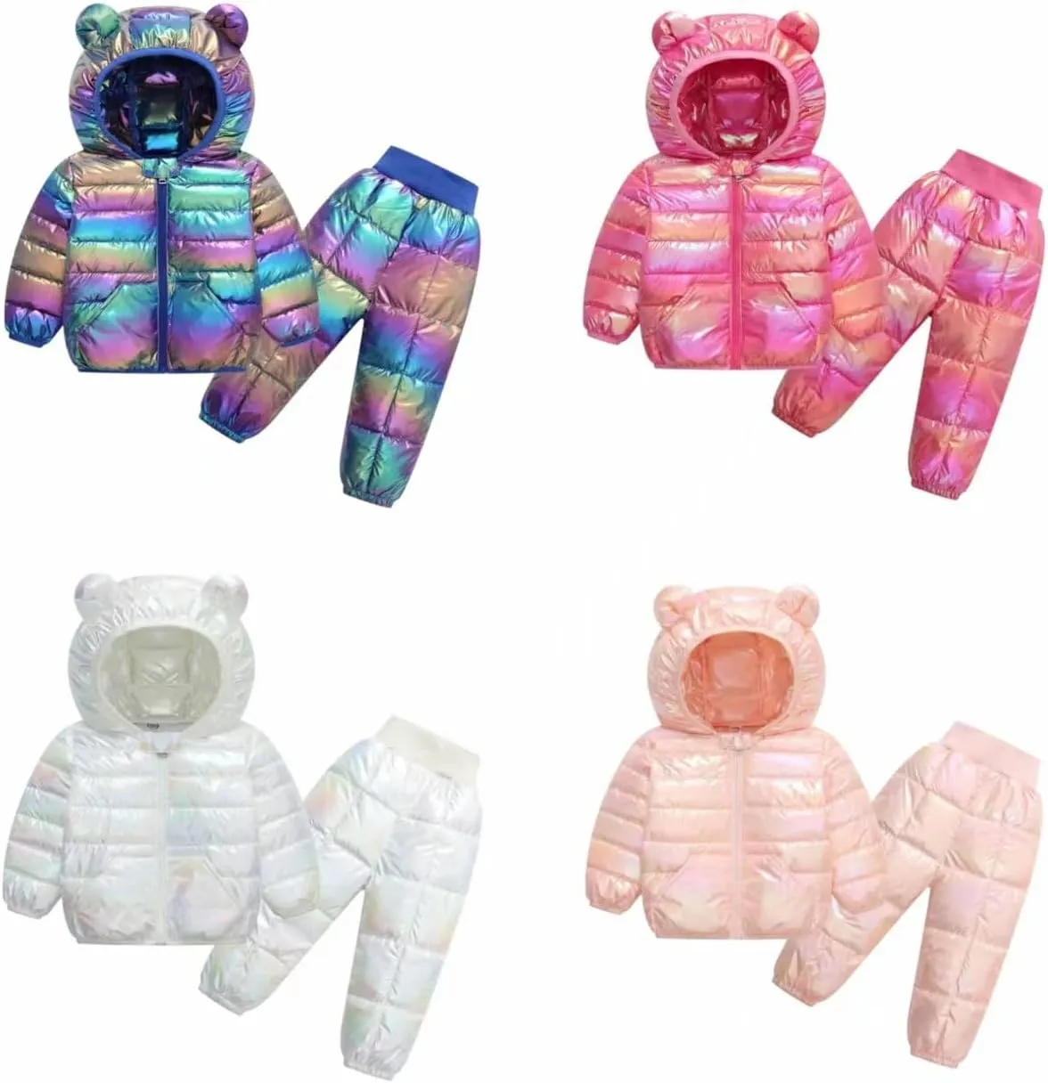 2-Piece Kids Boys Girls Snowsuit Metallic Hooded Puffer Jacket Lightweight Packable Quilted Down Coat and Pants Outfit