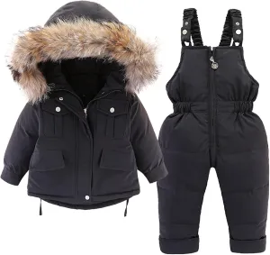 Baby Girls Boys Winter Thick Warm Hooded Puffer Down Jacket Coat Paraks Jumpsuit Two Piece Snowsuit Set with Ski Bib Pants N476 Black 12-18 Months