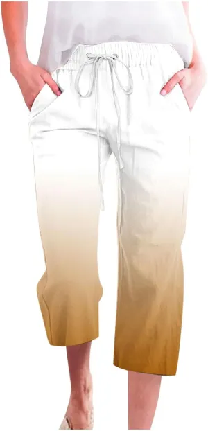 Capri Pants for Women Casual Summer 2025 Straight Wide Leg Loose Drawstring Elastic Waist Gradient Capris Trousers