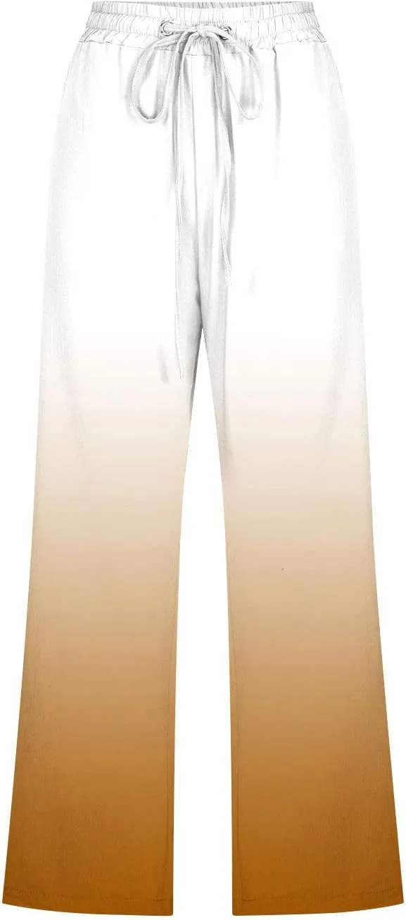 Capri Pants for Women Casual Summer 2025 Straight Wide Leg Loose Drawstring Elastic Waist Gradient Capris Trousers