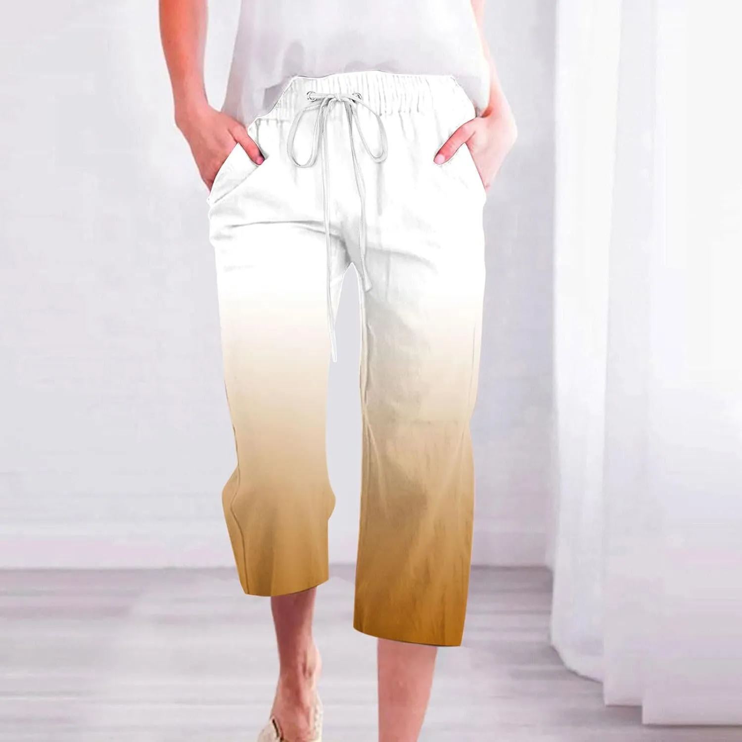 Capri Pants for Women Casual Summer 2025 Straight Wide Leg Loose Drawstring Elastic Waist Gradient Capris Trousers