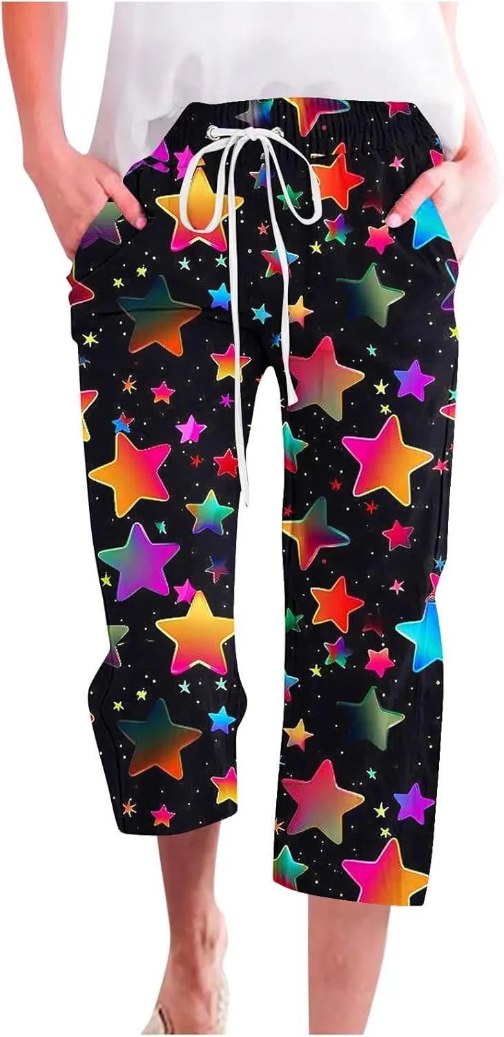 Capri Pants for Women Casual Summer Drawstring Ealstic Waist Pant Trendy Star Universe Print Capris with Pockets