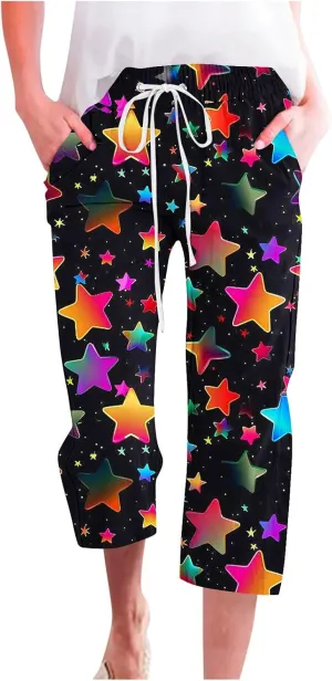 Capri Pants for Women Casual Summer Drawstring Ealstic Waist Pant Trendy Star Universe Print Capris with Pockets