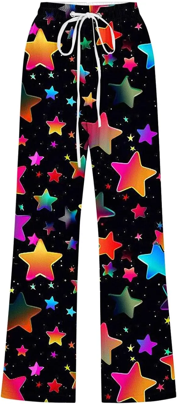 Capri Pants for Women Casual Summer Drawstring Ealstic Waist Pant Trendy Star Universe Print Capris with Pockets