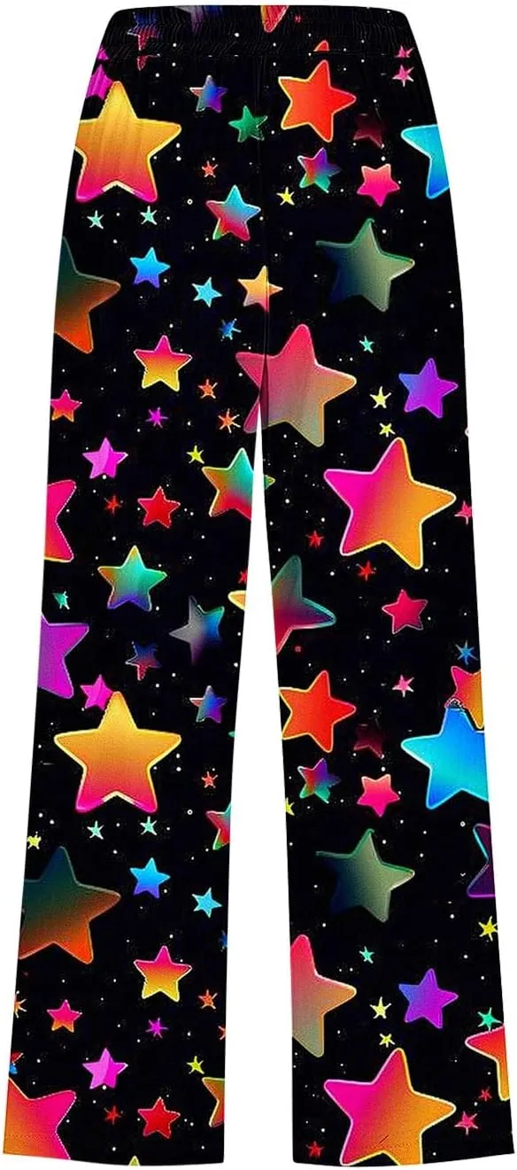 Capri Pants for Women Casual Summer Drawstring Ealstic Waist Pant Trendy Star Universe Print Capris with Pockets