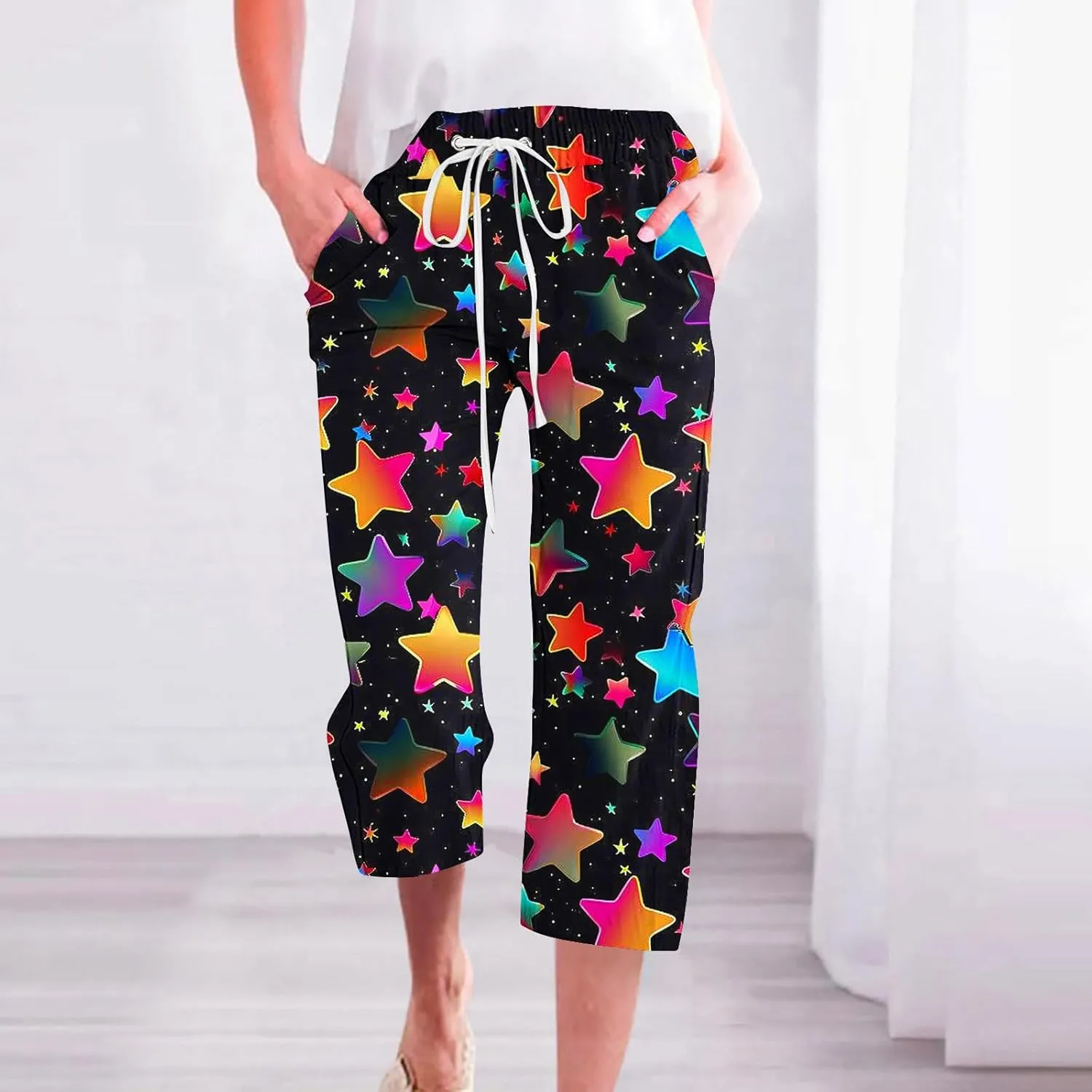 Capri Pants for Women Casual Summer Drawstring Ealstic Waist Pant Trendy Star Universe Print Capris with Pockets
