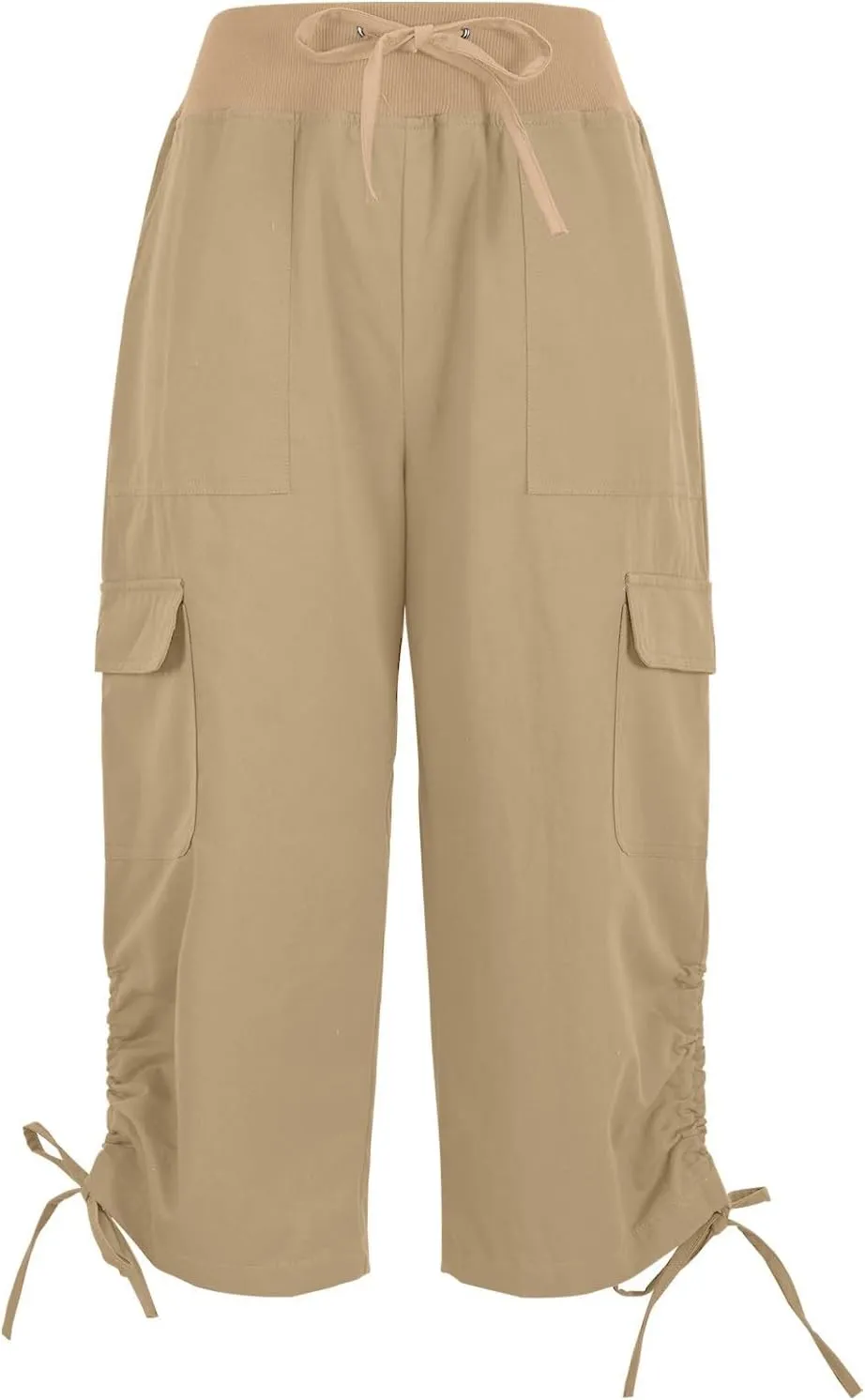 Cargo Capri Pants for Women Lace-Up Elastic Waist Casual Solid Loose Lightweight Outdoor Hiking Capris with Pockets