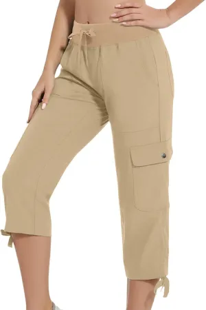 Cargo Capri Pants for Women Lace-Up Elastic Waist Casual Solid Loose Lightweight Outdoor Hiking Capris with Pockets