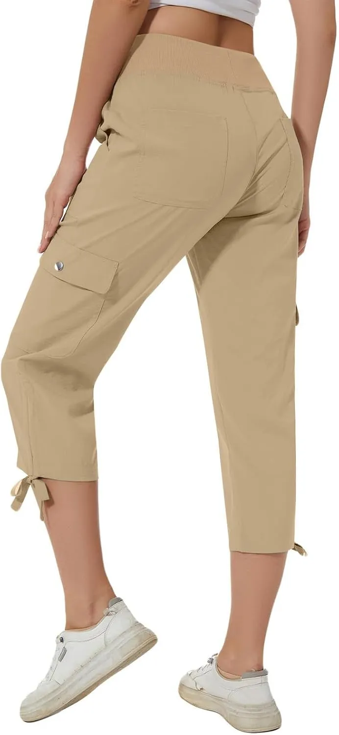 Cargo Capri Pants for Women Lace-Up Elastic Waist Casual Solid Loose Lightweight Outdoor Hiking Capris with Pockets