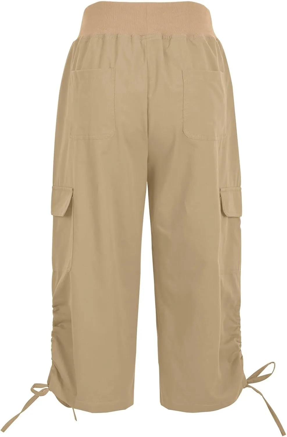 Cargo Capri Pants for Women Lace-Up Elastic Waist Casual Solid Loose Lightweight Outdoor Hiking Capris with Pockets