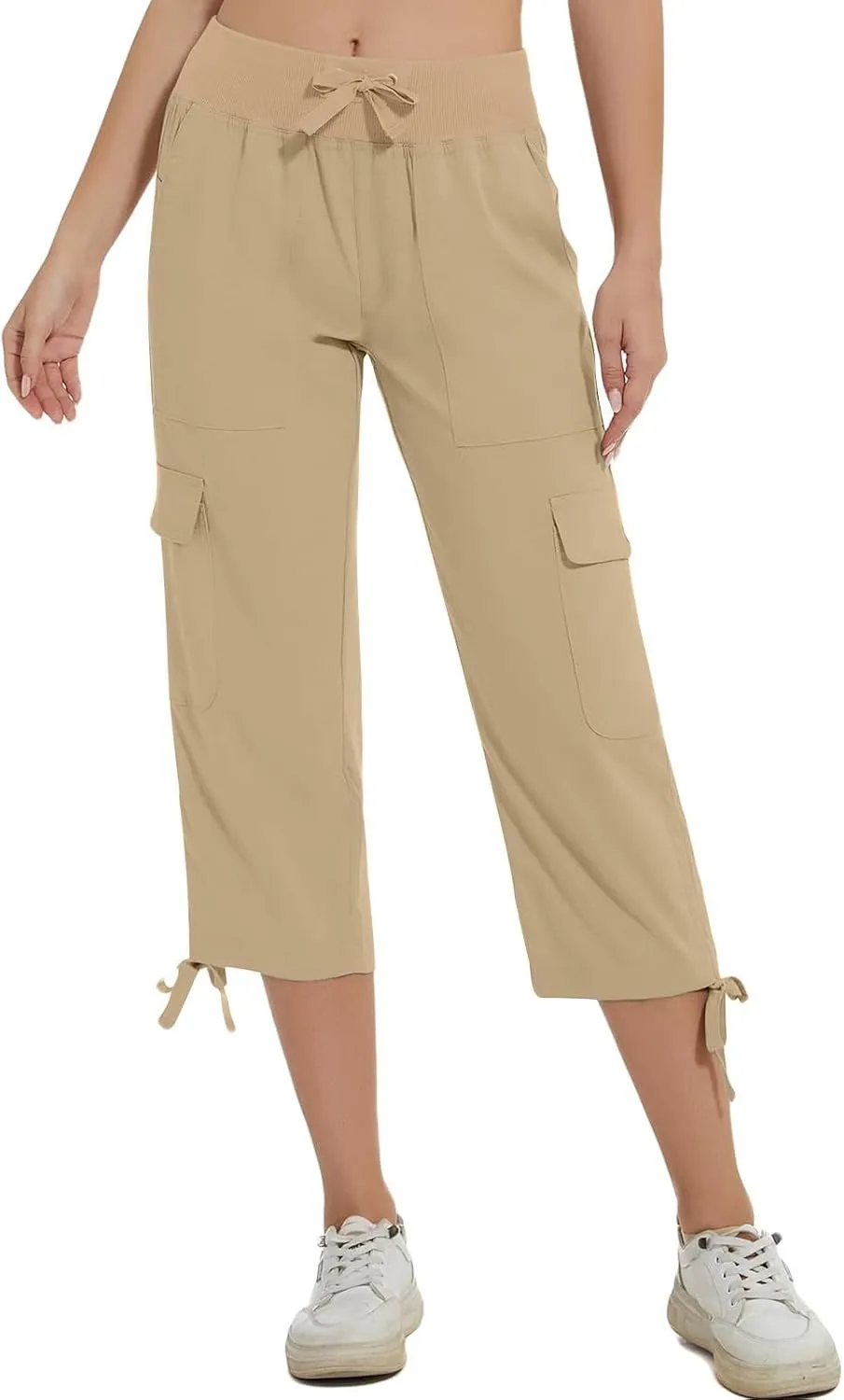 Cargo Capri Pants for Women Lace-Up Elastic Waist Casual Solid Loose Lightweight Outdoor Hiking Capris with Pockets