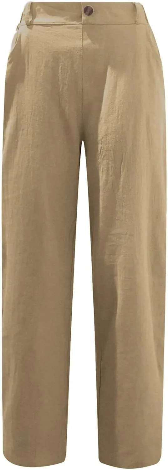 Cargo Pants Women Plus Size Cotton Linen Casual Pants Elastic Waist Straight Leg Trousers Solid Color Leggings
