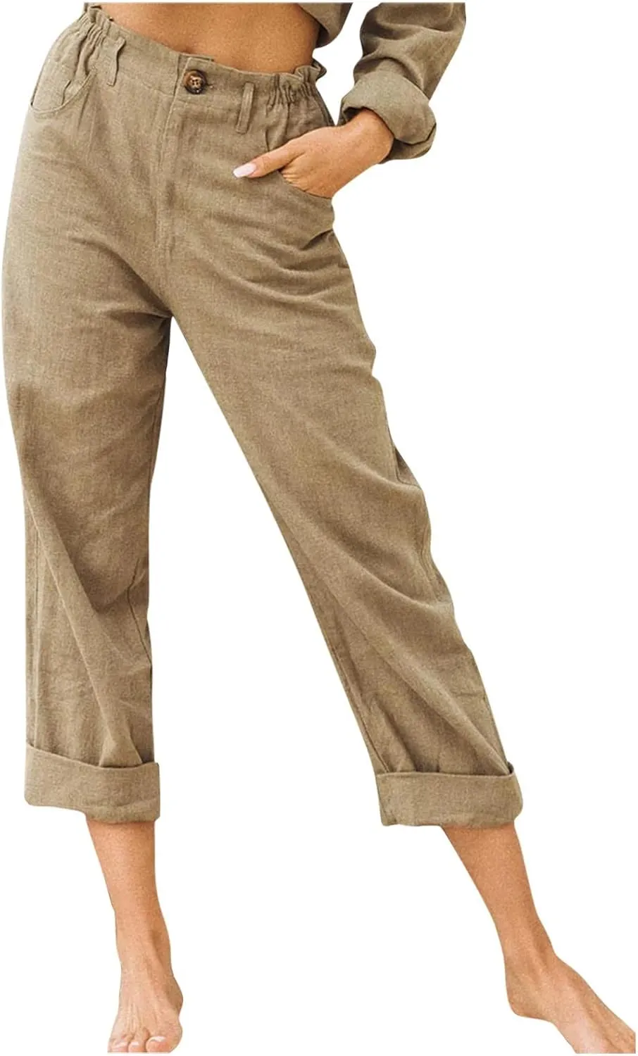 Cargo Pants Women Plus Size Cotton Linen Casual Pants Elastic Waist Straight Leg Trousers Solid Color Leggings