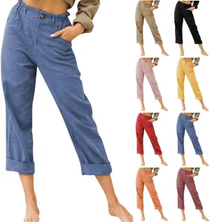 Cargo Pants Women Plus Size Cotton Linen Casual Pants Elastic Waist Straight Leg Trousers Solid Color Leggings