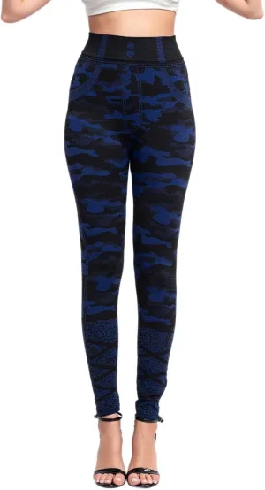 Casual Leggings for Women Simulation Jeans High Waist Printed Tummy Control Butt Lifting Pants Slimming Compression Fitness Tights Athletic Elastic tartan fairycore falbala Camouflage Camo D40-Blue