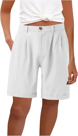 Casual Loose Pure Color Five Pants for Women Fashion Cotton Linen Elastic Waist with Pockets Shorts Working Beach