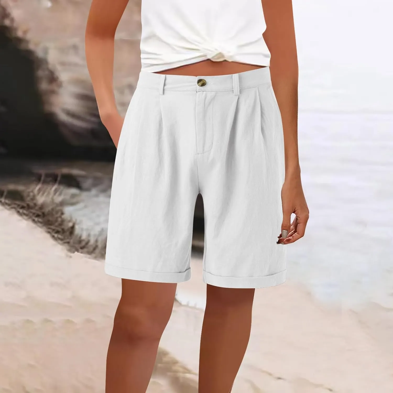Casual Loose Pure Color Five Pants for Women Fashion Cotton Linen Elastic Waist with Pockets Shorts Working Beach