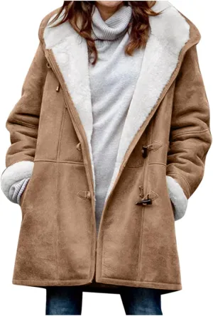 Ceboyel Women Fleece Winter Coats 2024 Sherpa Lined Suede Warm Jackets Hoodies Horn Buttons Long Coat Trendy Outfits Clothes