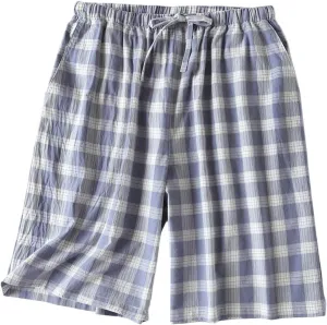 Cotton Long Short Lounge Pants for Men - 100% Woven Soft Plaid Check 1/2/3 Set Sleeping Pajama Pants with Pockets
