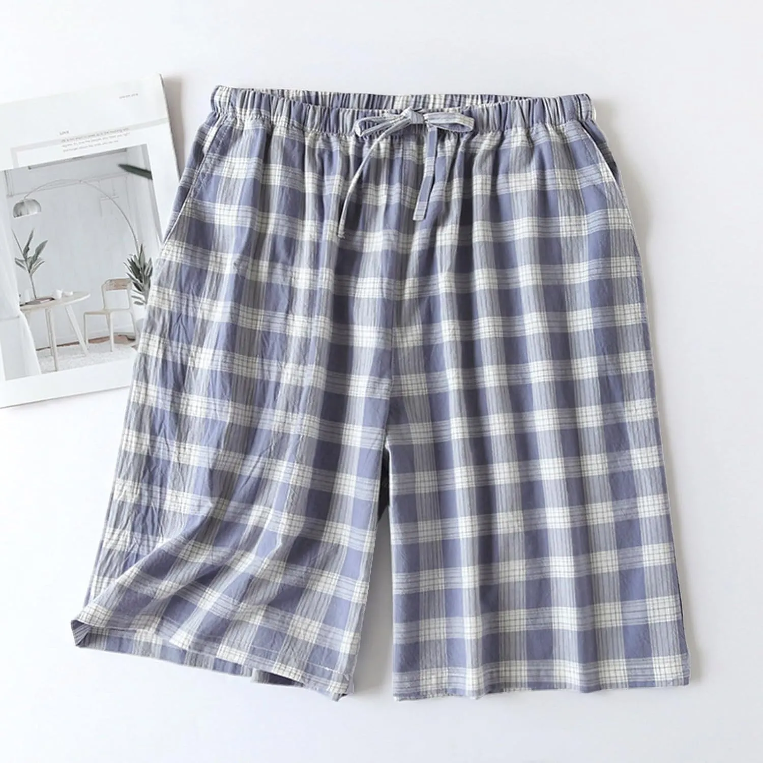 Cotton Long Short Lounge Pants for Men - 100% Woven Soft Plaid Check 1/2/3 Set Sleeping Pajama Pants with Pockets