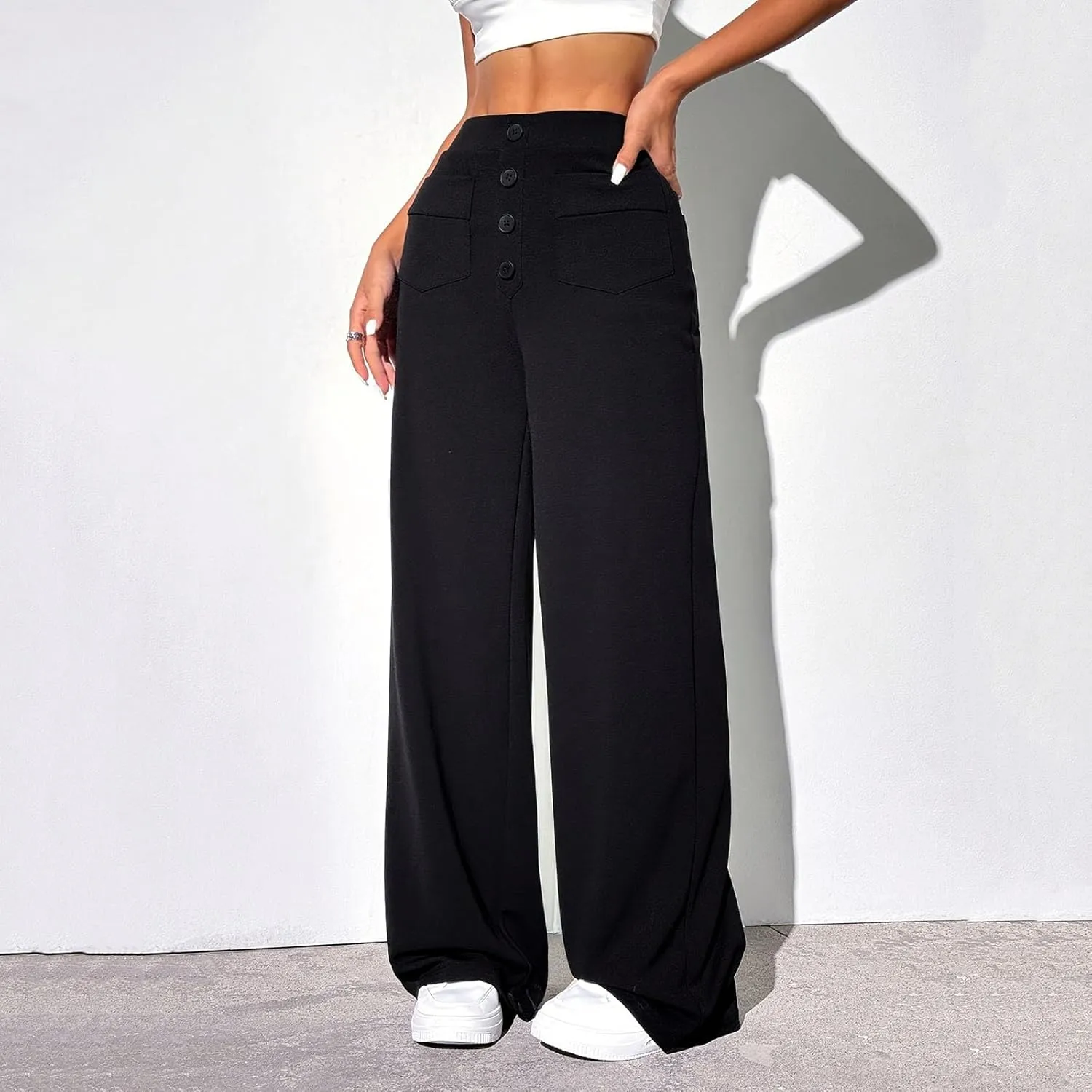 High Waisted Straight Leg Pants for Women Button Front Baggy Casual Trousers Solid Color Lounge Pant with Pockets
