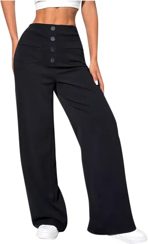 High Waisted Straight Leg Pants for Women Button Front Baggy Casual Trousers Solid Color Lounge Pant with Pockets