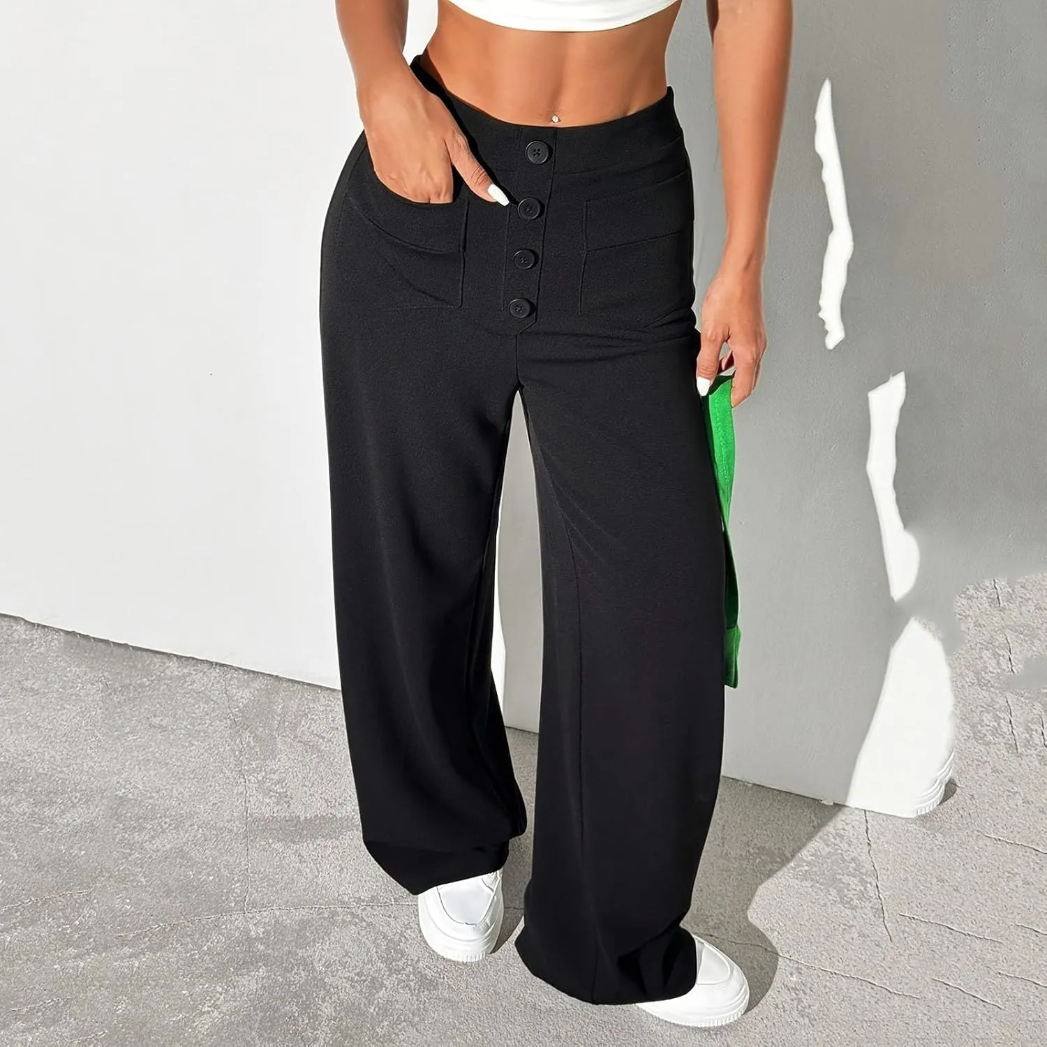 High Waisted Straight Leg Pants for Women Button Front Baggy Casual Trousers Solid Color Lounge Pant with Pockets