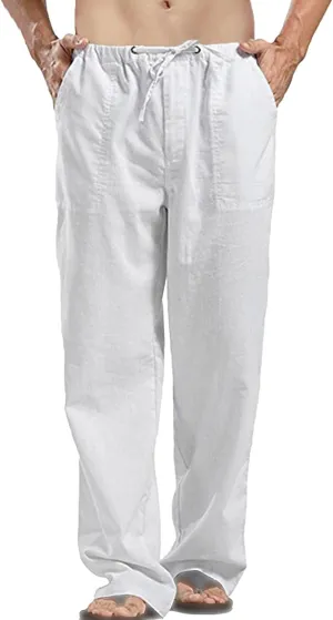 JEShifangjiusu Men'S Linen Cotton Casual Pants Elastic Waist Drawstring Beach Yoga Trousers Summer Pants Lightweight Trousers