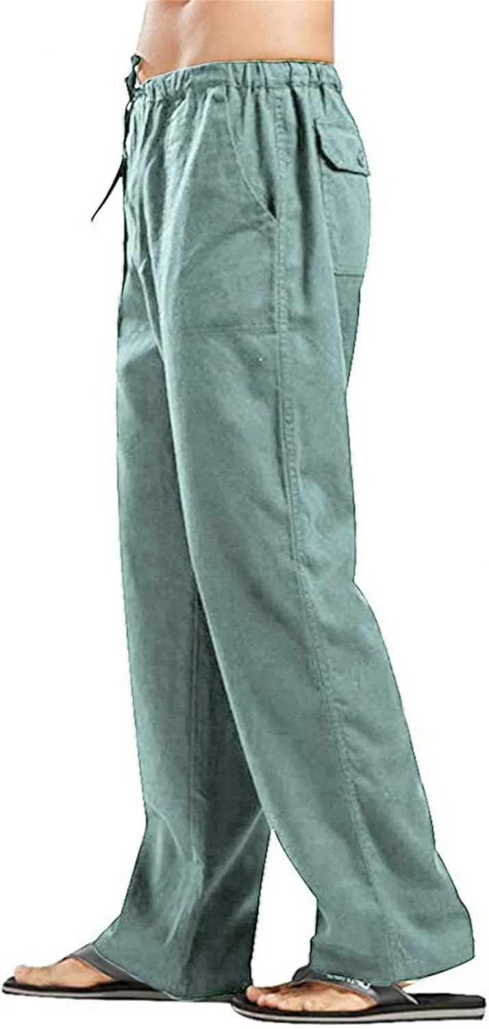 JEsilunmaMY Men's Casual Linen Pants Elastic Waist Drawstring Pocket Lounge Pants Plus Size Loose Fit Straight Leg Trousers