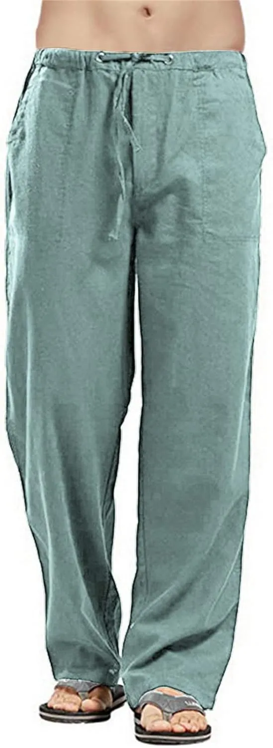 JEsilunmaMY Men's Casual Linen Pants Elastic Waist Drawstring Pocket Lounge Pants Plus Size Loose Fit Straight Leg Trousers