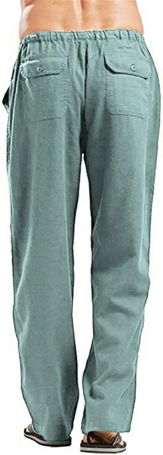 JEsilunmaMY Men's Casual Linen Pants Elastic Waist Drawstring Pocket Lounge Pants Plus Size Loose Fit Straight Leg Trousers