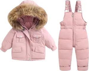 Kids 2 Piece Snowsuit Set Toddler Girl Winter Hooded Puffer Jacket & Snow Bib Pants Boy Thickened Ski Suits 1-6 Years