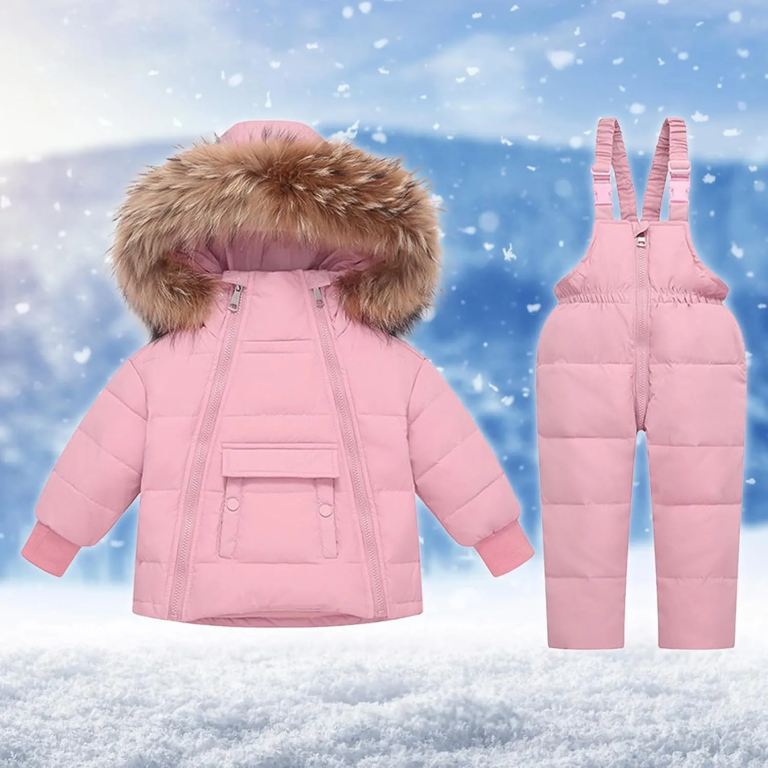 Kids Snow Bibs and Jacket Set Baggy Snowboarding Hooded Ski Suits Boys Girls Winter Outdoor Overalls