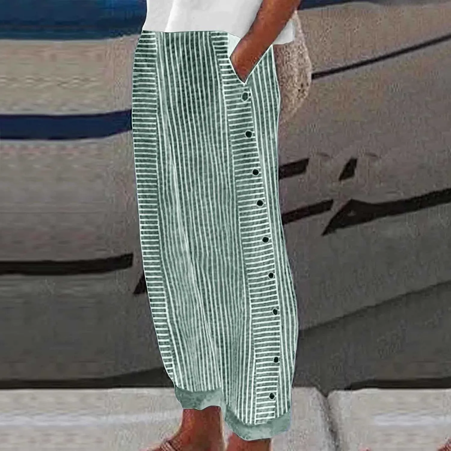 Linen Pants for Women Casual Elastic Waist Straight Leg Trousers Trendy Striped Side Button Baggy Pants with Pockets
