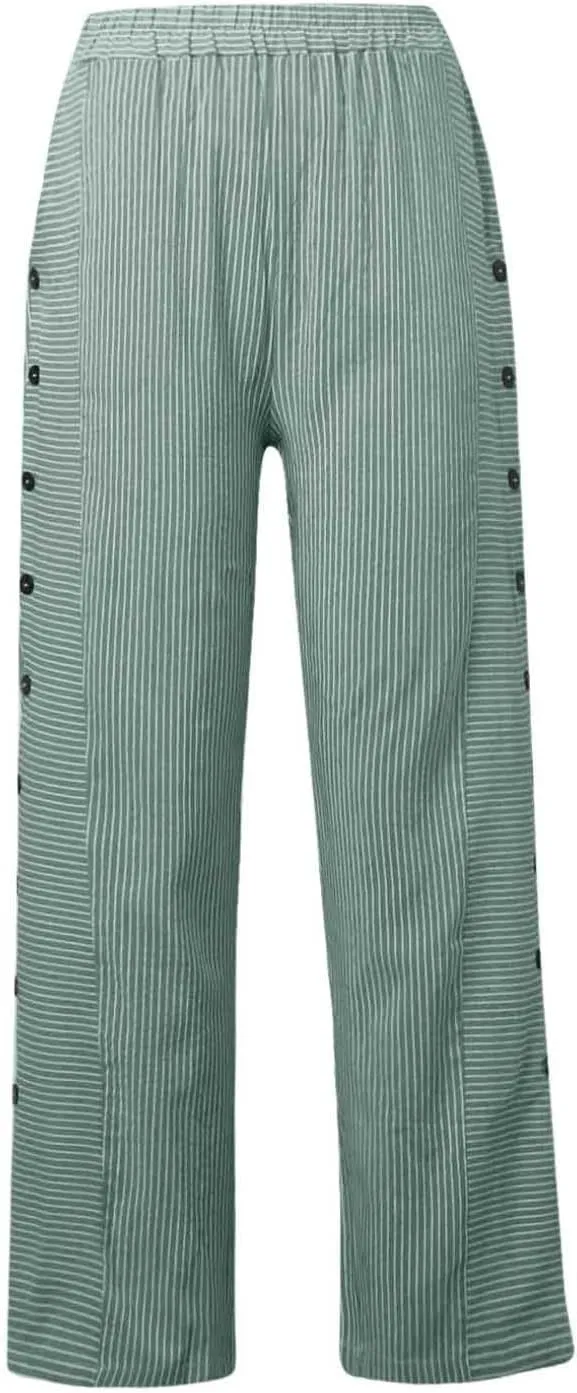 Linen Pants for Women Casual Elastic Waist Straight Leg Trousers Trendy Striped Side Button Baggy Pants with Pockets