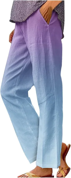 Linen Pants for Women Plus Size Summer Elastic Waist Straight Leg Pants Casual Lightweight Boho Beach Trousers with Pockets