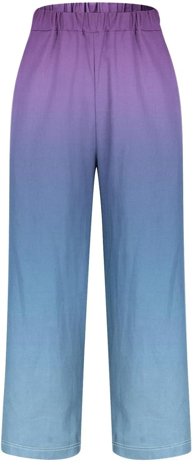 Linen Pants for Women Plus Size Summer Elastic Waist Straight Leg Pants Casual Lightweight Boho Beach Trousers with Pockets