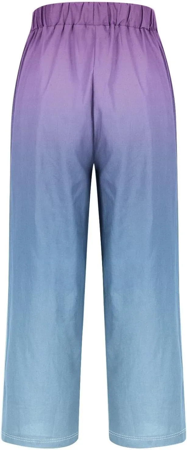 Linen Pants for Women Plus Size Summer Elastic Waist Straight Leg Pants Casual Lightweight Boho Beach Trousers with Pockets