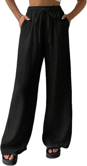 Linen Pants Women Wide Leg Flowy Drawstring Palazzo Pants Loose Fit Sheer Trousers Lounge with Pocket