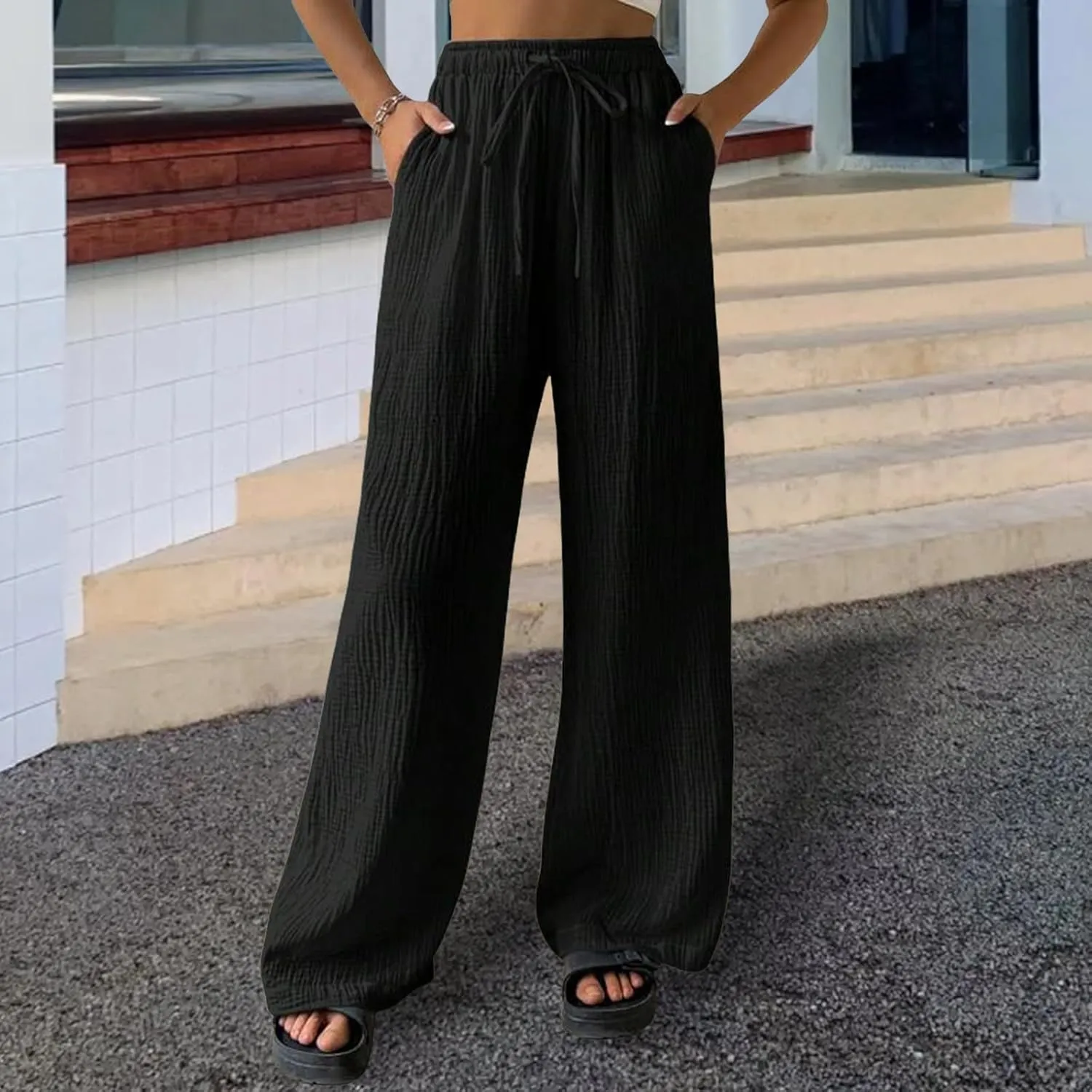 Linen Pants Women Wide Leg Flowy Drawstring Palazzo Pants Loose Fit Sheer Trousers Lounge with Pocket