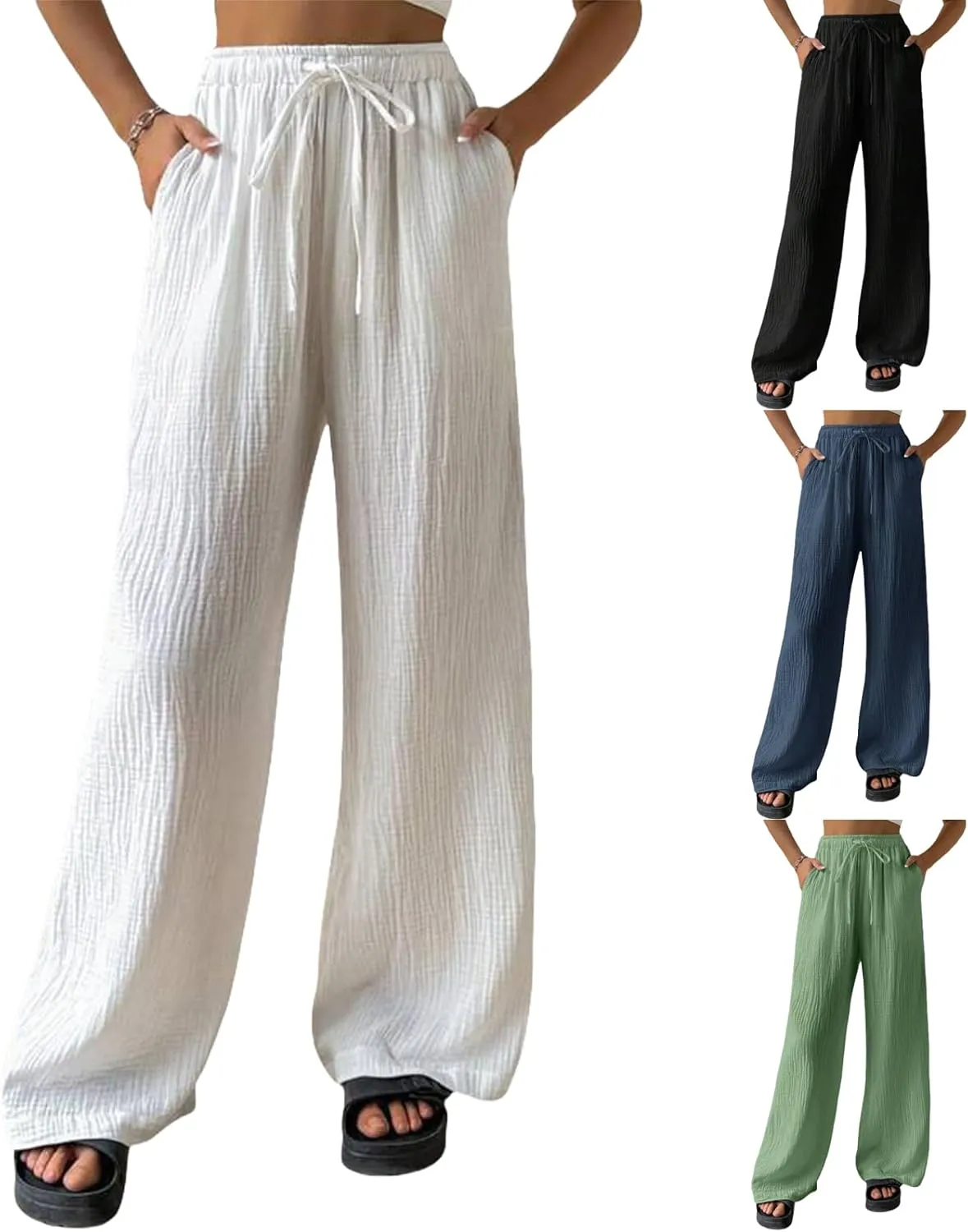 Linen Pants Women Wide Leg Flowy Drawstring Palazzo Pants Loose Fit Sheer Trousers Lounge with Pocket