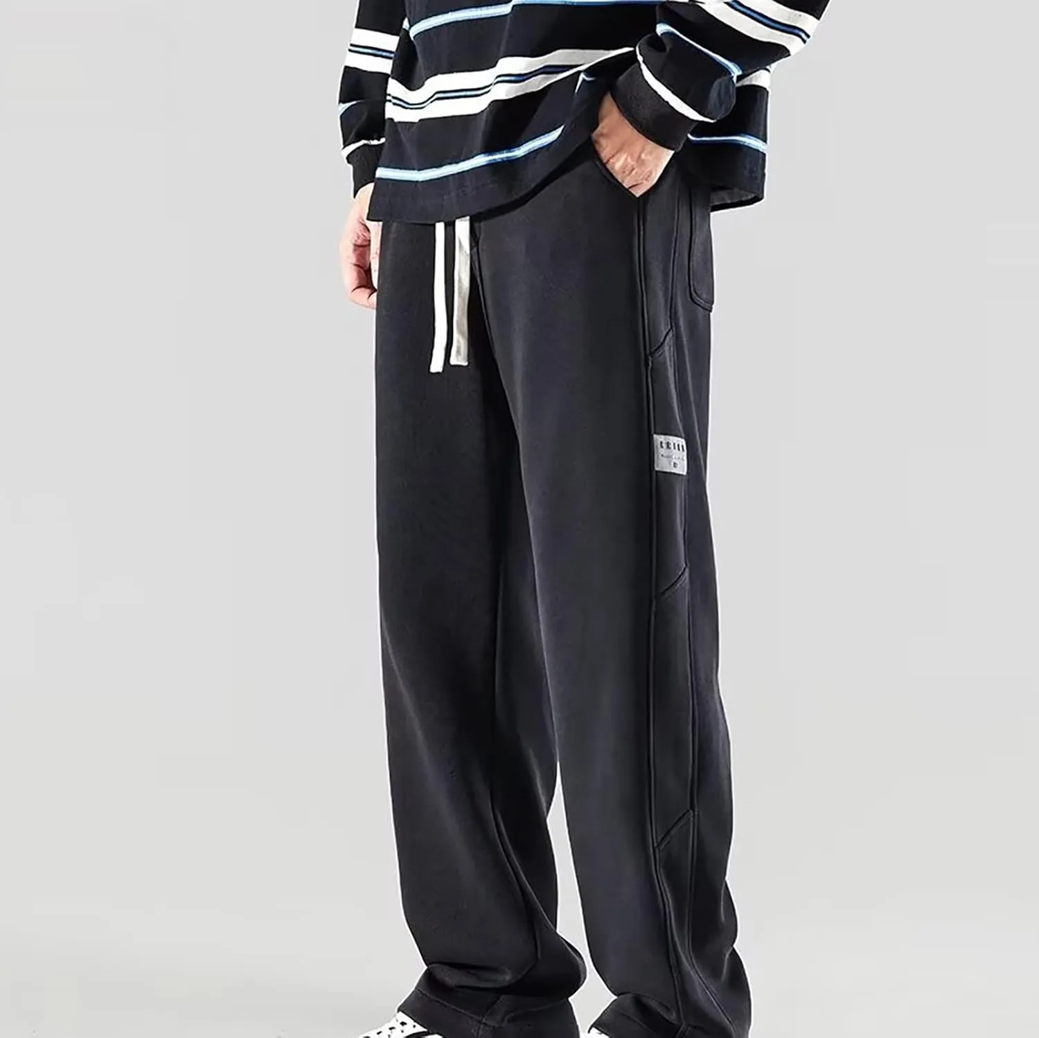 Mens Baggy Cargo Corduroy Pants Wide Leg Loose Fit Drawstring Sweatpants Elastic Waist Open Bottom Casual Pants