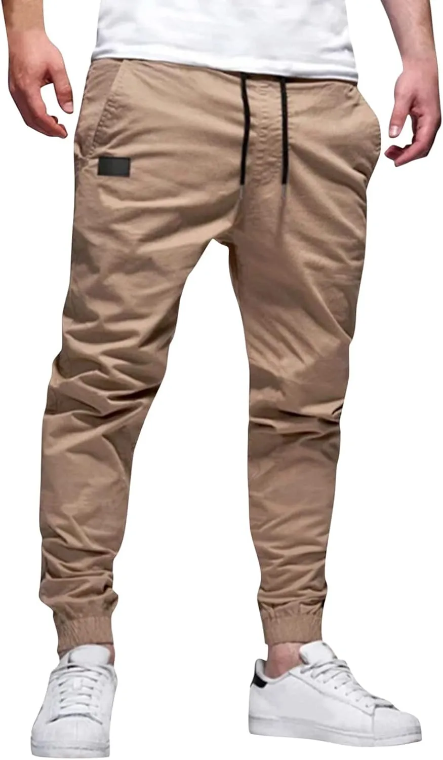 Men's Casual Joggers Pants Trendy Drawstring Solid Cargo Pants Hiking Outdoor Twill Track Jogger Sweatpants