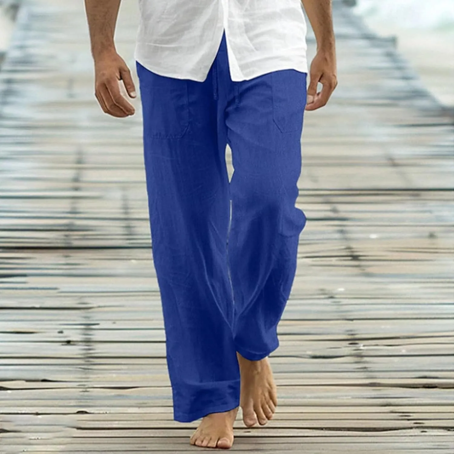 Mens Cotton Linen Pants Drawstring Elastic Waist Casual Yoga Pants Loose Fit Straight-Legs Summer Beach Long Trousers