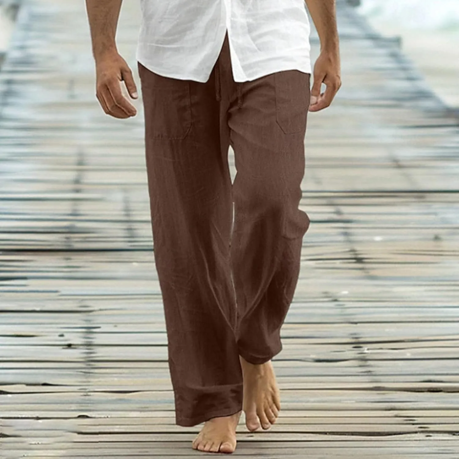 Mens Cotton Linen Pants Drawstring Elastic Waist Casual Yoga Pants Loose Fit Straight-Legs Summer Beach Long Trousers