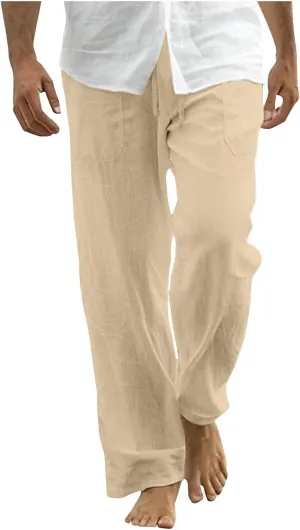 Mens Cotton Linen Pants Drawstring Elastic Waist Casual Yoga Pants Loose Fit Straight-Legs Summer Beach Long Trousers