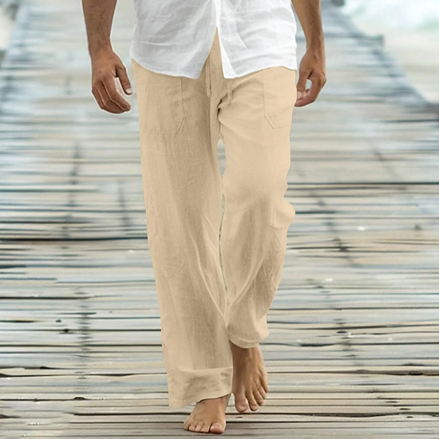 Mens Cotton Linen Pants Drawstring Elastic Waist Casual Yoga Pants Loose Fit Straight-Legs Summer Beach Long Trousers