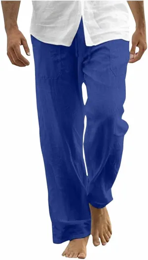 Mens Cotton Linen Pants Drawstring Elastic Waist Casual Yoga Pants Loose Fit Straight-Legs Summer Beach Long Trousers