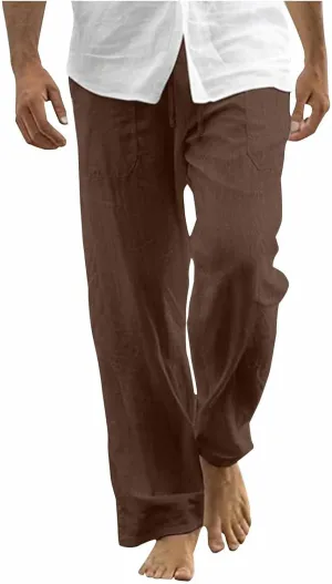 Mens Cotton Linen Pants Drawstring Elastic Waist Casual Yoga Pants Loose Fit Straight-Legs Summer Beach Long Trousers